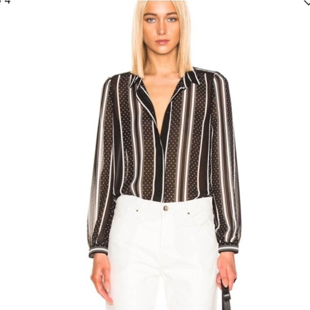 RtA Black Sheer Stripe Dotted‎ Button Down Blouse
